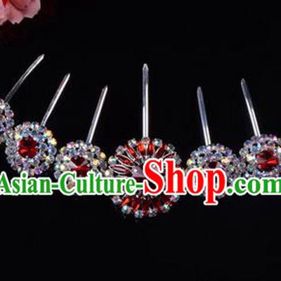 Chinese Ancient Peking Opera Hair Accessories Young Lady Headwear, Traditional Chinese Beijing Opera Head Ornaments Hua Tan Red Crystal Hairpins Complete Set