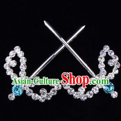 Chinese Ancient Peking Opera Hair Accessories Young Lady Headwear, Traditional Chinese Beijing Opera Head Ornaments Hua Tan Blue Crystal Willow Leaf Hairpins