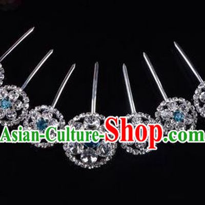 Chinese Ancient Peking Opera Hair Accessories Young Lady Headwear, Traditional Chinese Beijing Opera Head Ornaments Hua Tan Blue Crystal Hairpins Complete Set