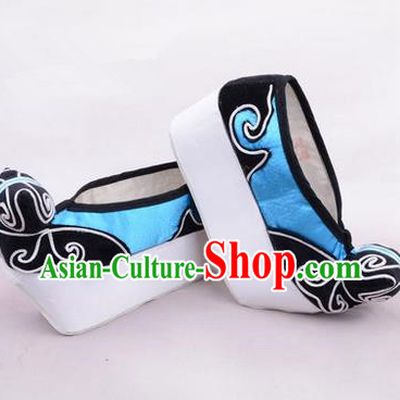 Chinese Ancient Peking Opera Young Men High Sole Shoes, Traditional China Beijing Opera Male Blue Embroidered Shoes