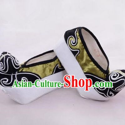 Chinese Ancient Peking Opera Young Men High Sole Shoes, Traditional China Beijing Opera Male Green Embroidered Shoes