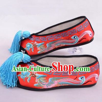 Chinese Ancient Peking Opera Young Lady Embroidered Phoenix Shoes, Traditional China Beijing Opera Female Red Embroidered Shoes