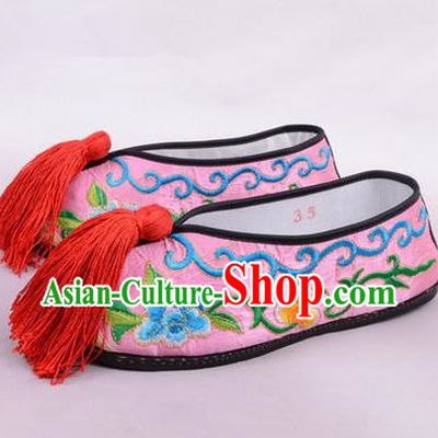 Chinese Ancient Peking Opera Young Lady Embroidered Hua Tan Shoes, Traditional China Beijing Opera Female Pink Embroidered Shoes