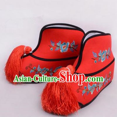 Chinese Ancient Peking Opera Blues Martial Lady Embroidered Boots, Traditional China Beijing Princess Opera Red Embroidered Shoes