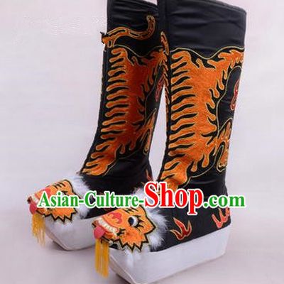 Chinese Ancient Peking Opera King Embroidered High Leg Boots, Traditional China Beijing Emperor Opera Black Embroidered Steller Shoes