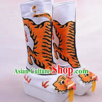 Chinese Ancient Peking Opera King Embroidered High Leg Boots, Traditional China Beijing Emperor Opera White Embroidered Steller Shoes