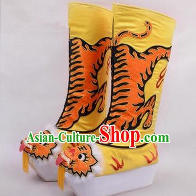 Chinese Ancient Peking Opera King Embroidered High Leg Boots, Traditional China Beijing Emperor Opera Yellow Embroidered Steller Shoes