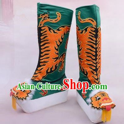 Chinese Ancient Peking Opera King Embroidered High Leg Boots, Traditional China Beijing Emperor Opera Green Embroidered Steller Shoes