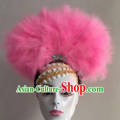 Top Grade Professional Stage Show Halloween Headpiece Hat, Brazilian Rio Carnival Samba Opening Dance Pink Feather Headwear for Women