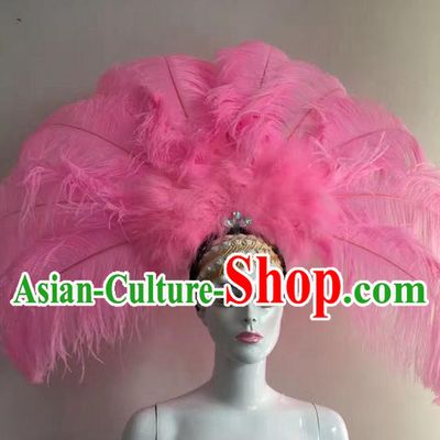 Top Grade Professional Stage Show Halloween Long Feather Headpiece Hat, Brazilian Rio Carnival Samba Opening Dance Pink Feather Headwear for Women