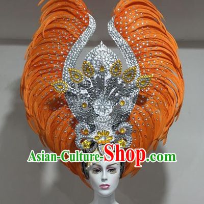 Top Grade Professional Stage Show Halloween Crystal Feather Headpiece Hat, Brazilian Rio Carnival Samba Opening Dance Orange Feather Headwear for Women