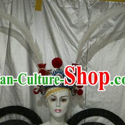 Top Grade Professional Stage Show Peking Opera Headpiece Hat, Brazilian Rio Carnival Samba Opening Dance Feather Headwear for Women