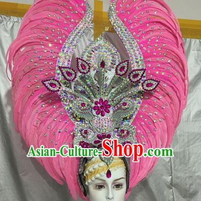 Top Grade Professional Stage Show Halloween Crystal Feather Headpiece Hat, Brazilian Rio Carnival Samba Opening Dance Pink Feather Headwear for Women