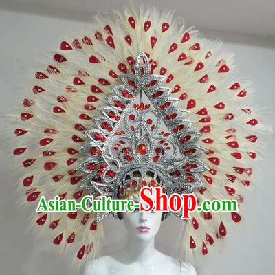 Top Grade Professional Stage Show Halloween Red Crystal Feather Headpiece Hat, Brazilian Rio Carnival Samba Opening Dance Feather Headwear for Women