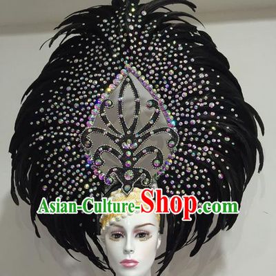 Top Grade Professional Stage Show Halloween Crystal Feather Headpiece Delux Hat, Brazilian Rio Carnival Samba Opening Dance Black Feather Headwear for Women