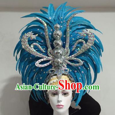 Top Grade Professional Stage Show Halloween Crystal Feather Headpiece Delux Hat, Brazilian Rio Carnival Samba Opening Dance Blue Feather Headwear for Women