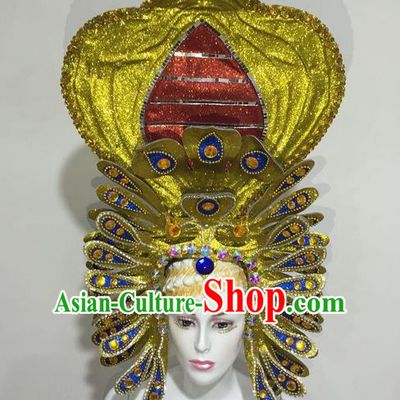 Top Grade Professional Stage Show Halloween Headpiece Delux Hat, Brazilian Rio Carnival Samba Opening Dance Queen Golden Headwear for Women