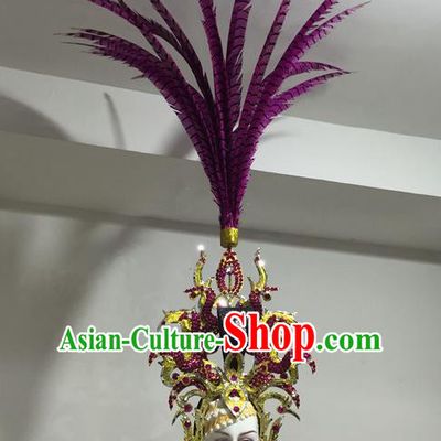 Top Grade Professional Stage Show Halloween Headpiece Feather Exaggerate Hat, Brazilian Rio Carnival Samba Opening Dance Headwear for Women