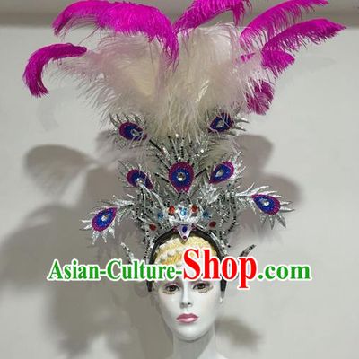 Top Grade Professional Stage Show Halloween Headpiece Feather Exaggerate Hat, Brazilian Rio Carnival Samba Opening Dance Purple Headwear for Women