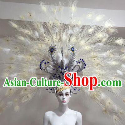 Top Grade Professional Stage Show Halloween Headpiece Feather Exaggerate Hat, Brazilian Rio Carnival Samba Opening Dance Peacock Spread Headwear for Women