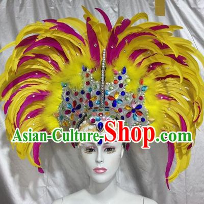 Top Grade Professional Stage Show Colorful Crystal Headpiece Hat, Brazilian Rio Carnival Samba Opening Dance Feather Headwear for Women