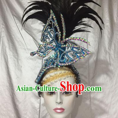 Top Grade Professional Stage Show Halloween Feather Headpiece Blue Exaggerate Hat, Brazilian Rio Carnival Samba Opening Dance Hair Accessories Headwear for Women