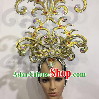 Top Grade Professional Stage Show Halloween Golden Crystal Headpiece Exaggerate Hat, Brazilian Rio Carnival Samba Opening Dance Hair Accessories Headwear for Women