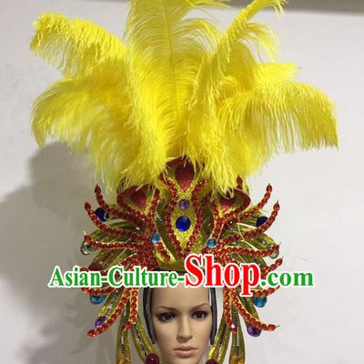 Top Grade Professional Stage Show Halloween Yellow Feather Headpiece Exaggerate Hat, Brazilian Rio Carnival Samba Opening Dance Hair Accessories Cleopatra Headwear for Women