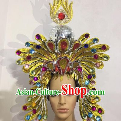 Top Grade Professional Stage Show Halloween Crystal Queen Headpiece Exaggerate Hat, Brazilian Rio Carnival Samba Opening Dance Hair Accessories Cleopatra Headwear for Women