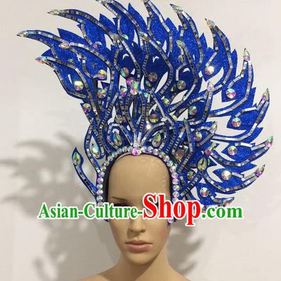 Top Grade Professional Stage Show Halloween Queen Headpiece Blue Hat, Brazilian Rio Carnival Samba Opening Dance Imperial Empress Hair Accessories Headwear for Women