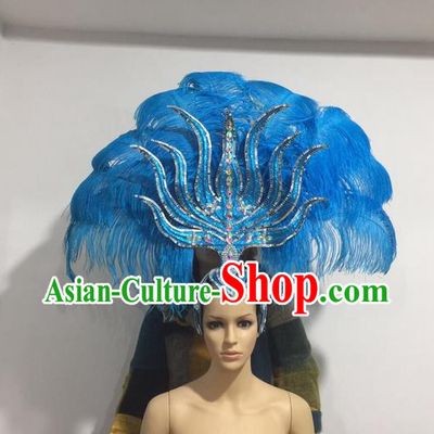 Top Grade Professional Stage Show Halloween Headpiece Blue Feather Hat, Brazilian Rio Carnival Samba Opening Dance Imperial Empress Hair Accessories Headwear for Women