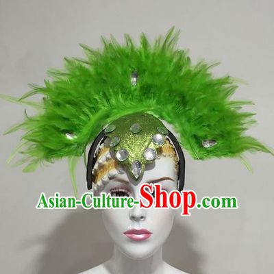 Top Grade Professional Stage Show Crystal Halloween Headpiece Hat, Brazilian Rio Carnival Samba Opening Dance Green Feather Headwear for Women