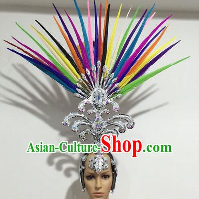 Top Grade Professional Stage Show Halloween Giant Headpiece Colorful Feather Big Hair Accessories Decorations, Brazilian Rio Carnival Samba Opening Dance Hat Headwear for Women