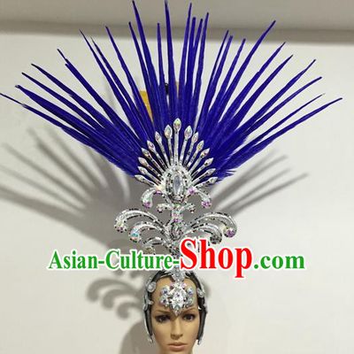 Top Grade Professional Stage Show Giant Headpiece Blue Feather Big Hair Accessories Decorations, Brazilian Rio Carnival Samba Opening Dance Hat Headwear for Women