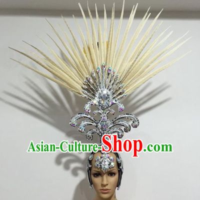 Top Grade Professional Stage Show Giant Headpiece Beige Feather Big Hair Accessories Decorations, Brazilian Rio Carnival Samba Opening Dance Hat Headwear for Women
