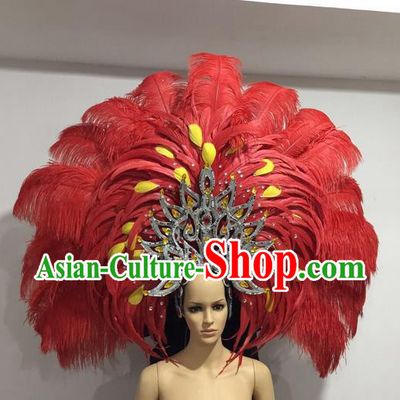 Top Grade Professional Stage Show Giant Headpiece Red Feather Big Hair Accessories Decorations, Brazilian Rio Carnival Samba Opening Dance Hat Headwear for Women