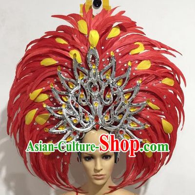 Top Grade Professional Stage Show Giant Headpiece Red Feather Big Hair Accessories Decorations, Brazilian Rio Carnival Samba Opening Dance Hat Headwear for Women