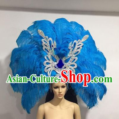 Top Grade Professional Stage Show Giant Headpiece Blue Feather Big Hair Accessories Butterfly Decorations, Brazilian Rio Carnival Samba Opening Dance Hat Headwear for Women