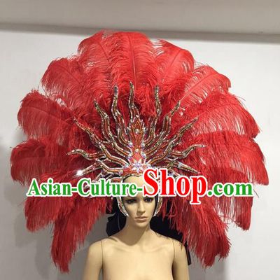 Top Grade Professional Stage Show Giant Headpiece Red Ostrich Feather Big Hair Accessories Decorations, Brazilian Rio Carnival Samba Opening Dance Hat Headwear for Women