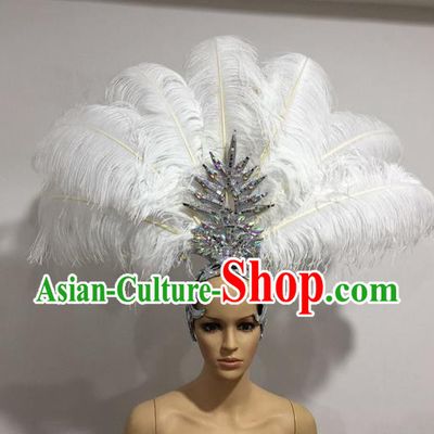 Top Grade Professional Stage Show Giant Headpiece White Feather Big Hair Accessories Decorations, Brazilian Rio Carnival Samba Opening Dance Hat Headwear for Women