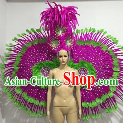 Top Grade Professional Stage Show Giant Headpiece and Wings Decorations, Brazilian Rio Carnival Samba Opening Dance Hat Headwear Clothing for Women