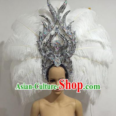 Top Grade Professional Stage Show Giant Headpiece White Feather Big Hair Accessories Decorations, Brazilian Rio Carnival Samba Opening Dance Headwear for Women