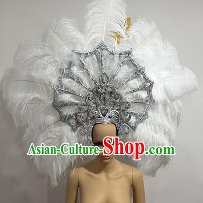 Top Grade Professional Stage Show Giant Headpiece White Feather Big Hair Accessories Crystal Decorations, Brazilian Rio Carnival Samba Opening Dance Headwear for Women