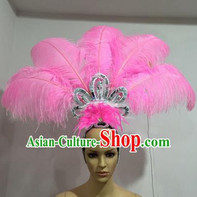 Top Grade Professional Stage Show Giant Headpiece Pink Feather Hair Accessories Decorations, Brazilian Rio Carnival Samba Opening Dance Headwear for Women