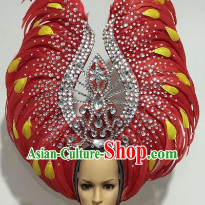 Top Grade Professional Stage Show Giant Headpiece Red Feather Hair Accessories Crystal Decorations, Brazilian Rio Carnival Samba Opening Dance Headwear for Women