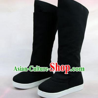 Chinese Ancient Peking Opera Officer Embroidered Court High Leg Boots, Traditional China Beijing Opera Black Cloth Shoes
