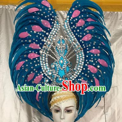 Top Grade Professional Stage Show Giant Headpiece Blue Feather Hair Accessories Crystal Decorations, Brazilian Rio Carnival Samba Opening Dance Headwear for Women
