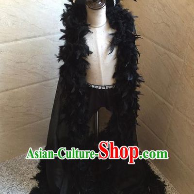 Top Grade Professional Performance Catwalks Swimsuit Cloak Costume, Traditional Brazilian Rio Carnival Samba Suits Modern Fancywork Black Feather Mantle for Kids