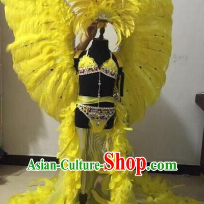 Top Grade Professional Performance Catwalks Swimsuit Costume with Wings, Traditional Brazilian Rio Carnival Samba Modern Fancywork Yellow Feather Clothing for Kids