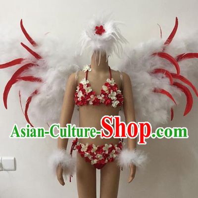 Top Grade Professional Performance Catwalks Bikini Swimsuit with Wings, Traditional Brazilian Rio Carnival Samba Modern Fancywork Feather Clothing for Kids